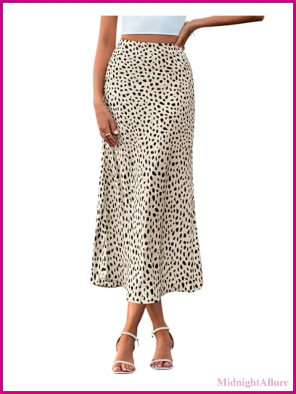 Satin Midi Skirt High Waisted Leopard Print A-Line Silk